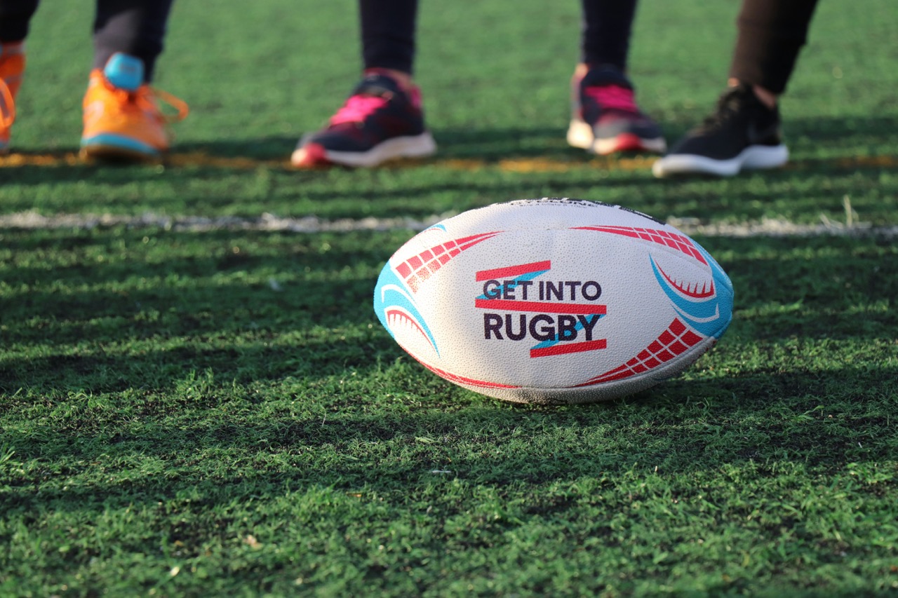 Rugby ball on the field during a junior training drill